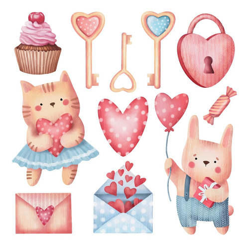 Clipart Bellos Gatos San Valentin Enamorados Acuarela 1