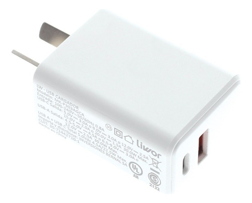 Adaptador Cargador Usb Y Tipo C + Carga Rapida Certificado Color Blanco