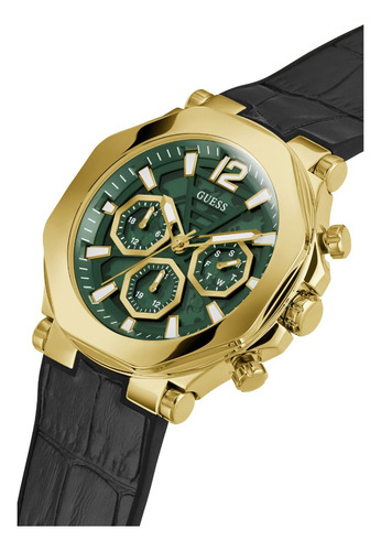 Reloj Hombre Guess Caballero Edge Correa Negro Bisel Dorado Fondo Verde