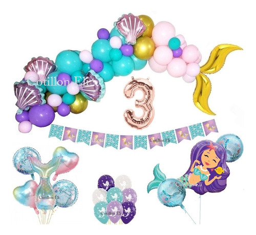 Set Deco Globos Sirenita Arco Cola Sirena Banderin  Mar