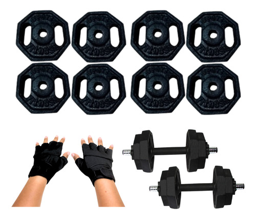 Barra Recta Discos Pesa Guantes+ Manubrio Pvc Set Pack 32kg