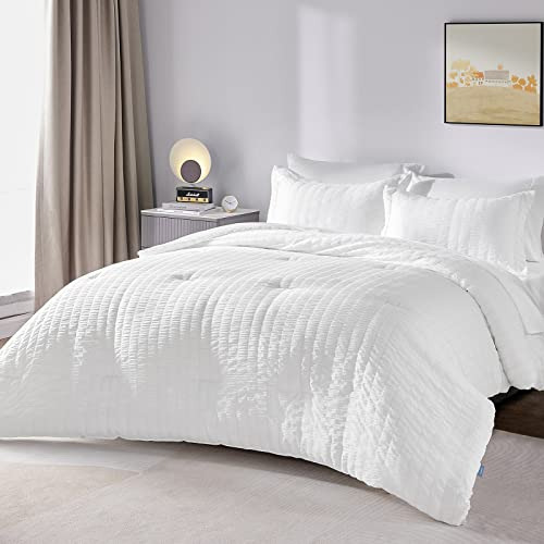 Queen Bed In Bag White Seersucker Comforter Set With Sh...