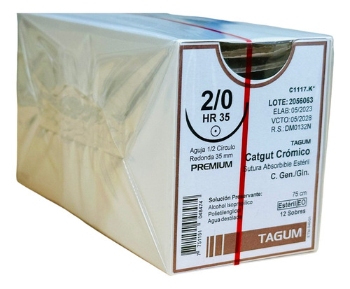 Sutura Catgut Cromico 2-0 Aguja 1/2 De 35mm Tagum Caja C/12