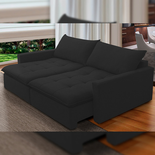 Sofá Cama Retrátil Reclinável Sala 208cm Lari Veludo Preto