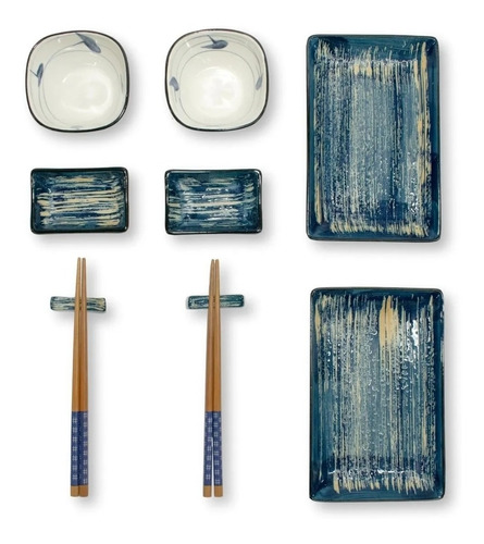 Imagen 1 de 7 de Set De Sushi Para 2 Azul Con Lineas Claras 10 Pzs Porcelana