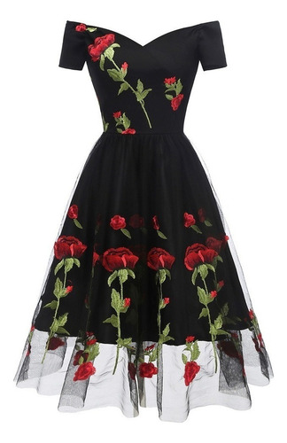 Vestido Hombros Descubiertos Con Bordado De Flores P/mujer