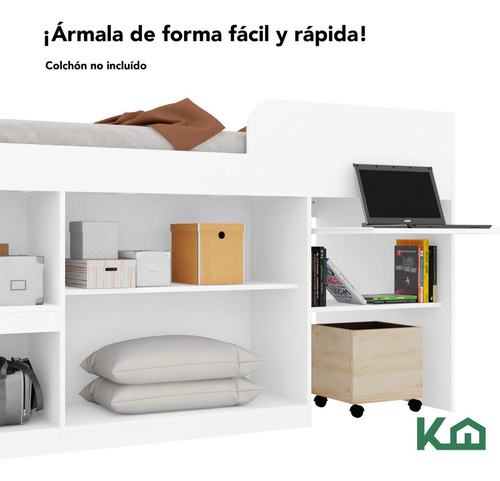 Cama Individual Escritorio Cajones Litera Base Kingshouse Color Blanco