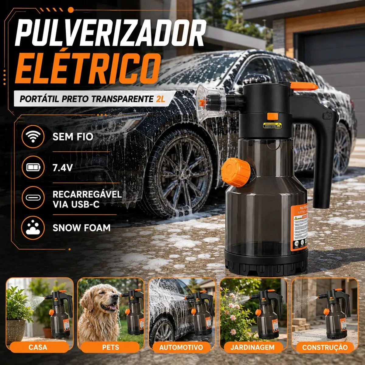 Pulverizador Elétrico Snow Foam Profissional 2L USB-C para Limpeza Automotiva e Jardim