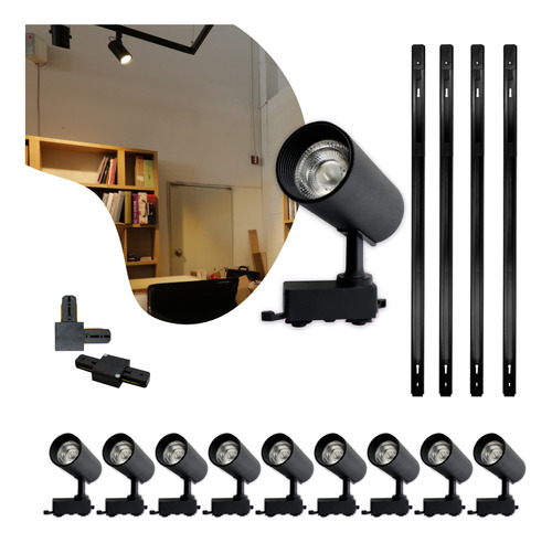 Kit Trilho Eletrificado 4m Preto + 10 Spots Led 10w Quente