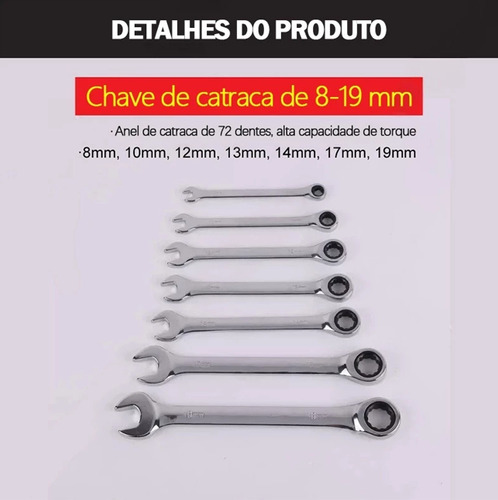 Jogo De Chaves Combinad 7 Peças De Aço 08 A 19mm Reforçado