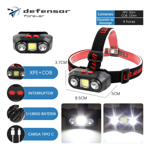 Linterna Frontal Minero Cabeza Pila 18650 Recargable Usb C