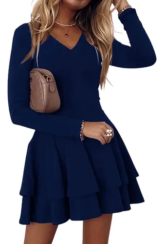 Vestido Liso Corto Con Dobladillo, Volantes Y Cuello En V