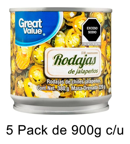 Chiles Jalapeños Great Value En Rodajas 380 G 5 Pack