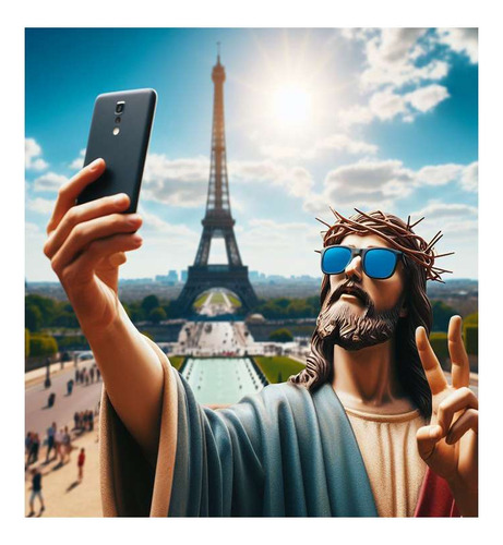 Vinilo 100x100cm Jesus Vacaciones Paris Cool Selfie Dios