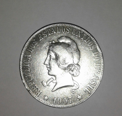 Moneda Brasil 2000 Reis 1907. Plata