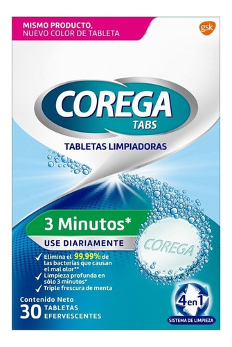 Corega Limpiador Tabletas Ferv. 3 Minutos 30 Unidades