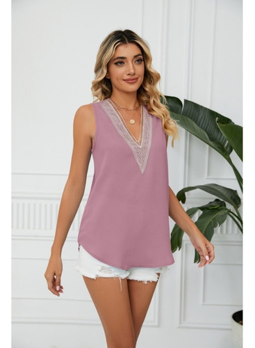 Camiseta Sin Mangas Con Cuello En V Y Encaje De Moda De