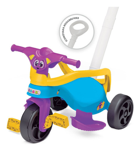 Triciclo Velotrol Motoca Infantil Bolofos Com Empurrador Cor Roxo, Azul e Amarelo