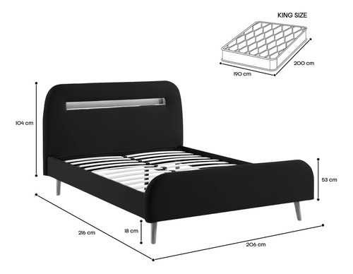 Cama King Size Moderno Luces Led Bossa Diamond Base Color Negro