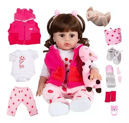 Boneca Bebê Reborn Girafinha Menino 48cm - 100% Silicone - Escorrega o Preço