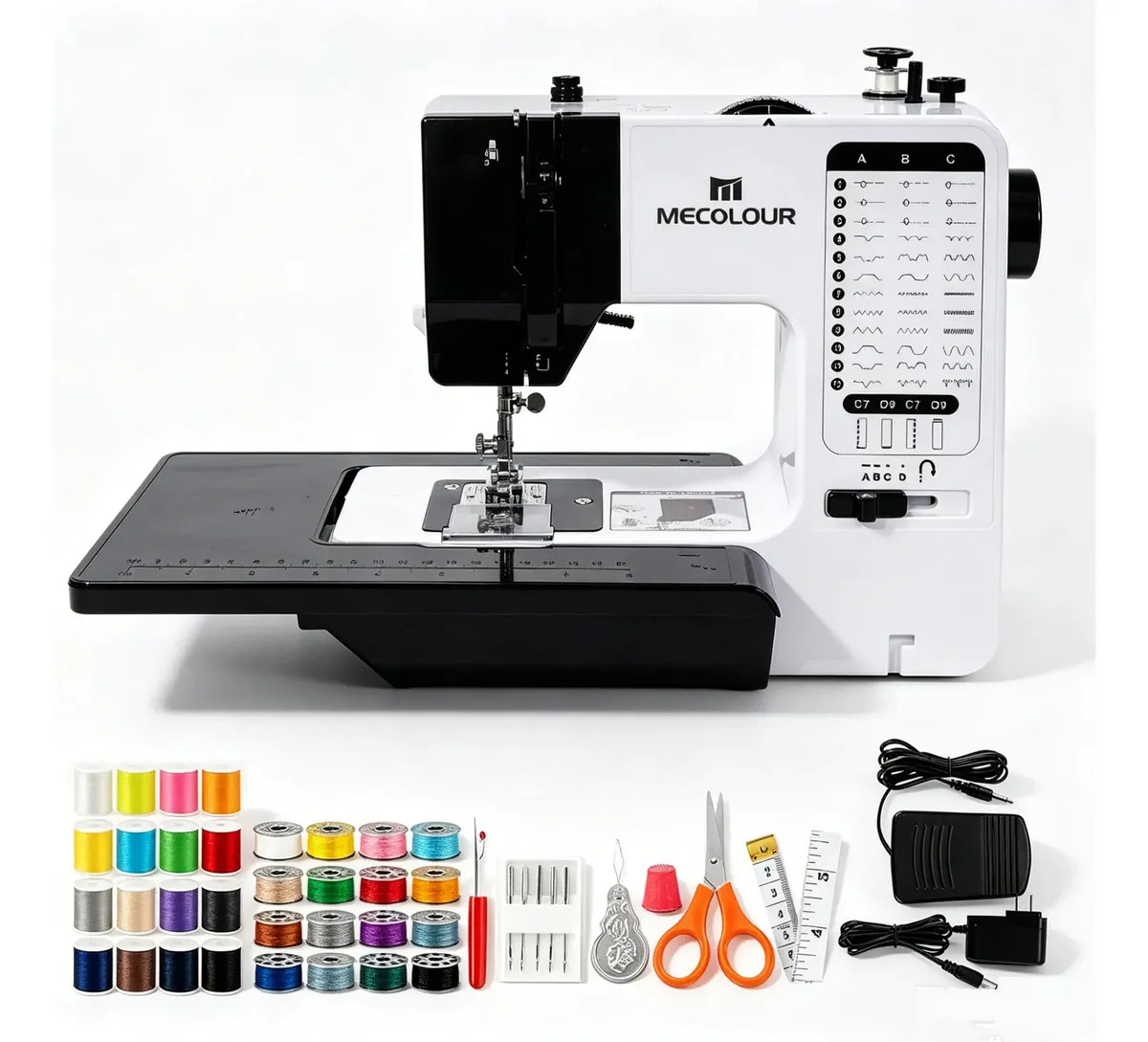 Máquina de Coser Mecolour Portátil Eléctrica con 38 Puntadas, Iluminación LED y Pedal，Control de velocidad ajustable，Longitud y ancho de puntada ajustables