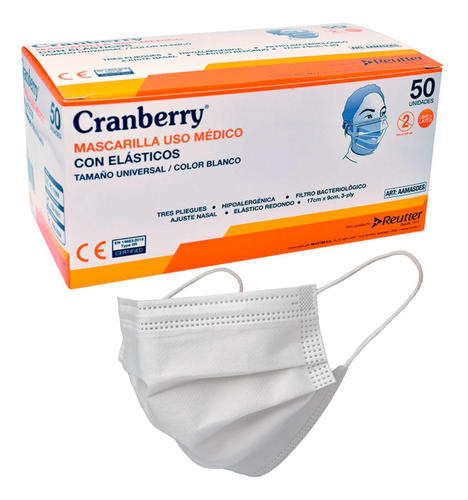 Mascarilla Cranberry 3 Pliegues Blancas Medicas Certificadas