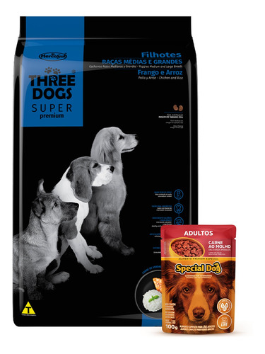 Imagen 1 de 3 de Threedogs Super Premium Cachorro Mediana Y Grande 3kg + Rega