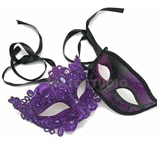 Masqstudio Purple Masquerade Lace Mask Pair Mardi Gras Costu