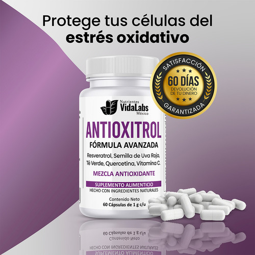 Pack 6 Antioxitrol Nutrientes Vidalabs México Trans Resveratrol Premium Sabor Sin sabor