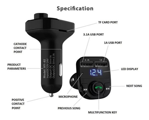 Imagen 8 de 9 de Bluetooth Transmisor Fm Auto Manos Libres Cargador 2 Usb