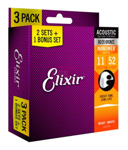 Encordoamento Elixir Violão 011 052 - 16538 Pack Leve 3 Pagu