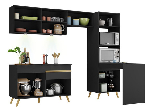 Armário Cozinha Completa 252cm Veneza Up Multimóveis V2034 Cor Negro/Dorado