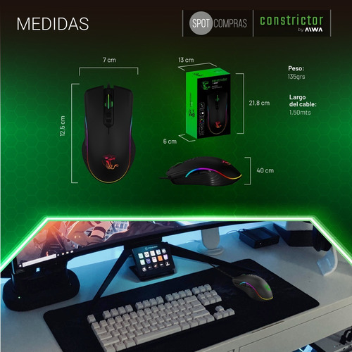 Imagen 7 de 10 de Mouse De Juego Aiwa Constrictor Rgb 7 Botones 3200 Dpi