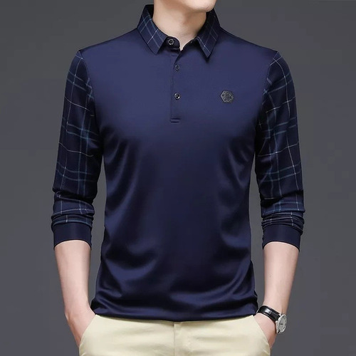 Camisa Polo De Color Sólido Manga Larga Hombres Moda Coreana