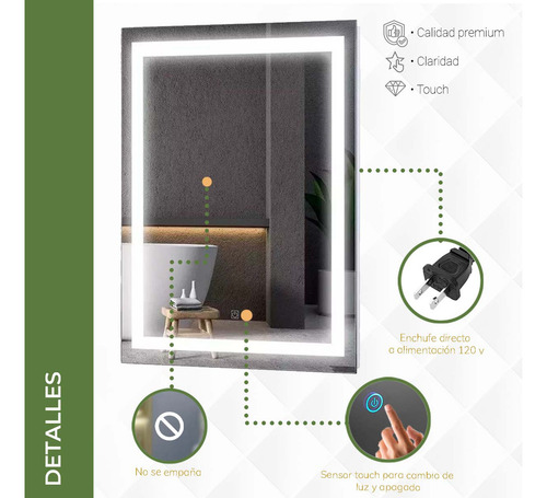 Espejo Pared Baño Luz Led Tactil 3 Modos Antivaho Decorativo Marco Cromado