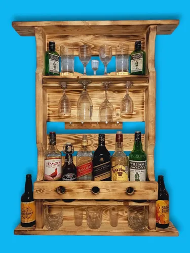 Bar Botellero En Madera Natural Quemado A Fuego