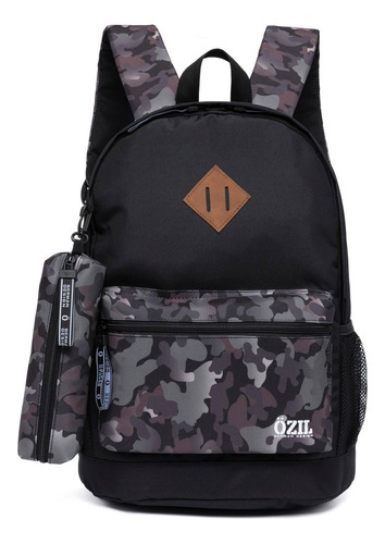 Mochila Escolar Bolsa Resistente Camuflada Reforçada Cor Preto Desenho do tecido Camuflado