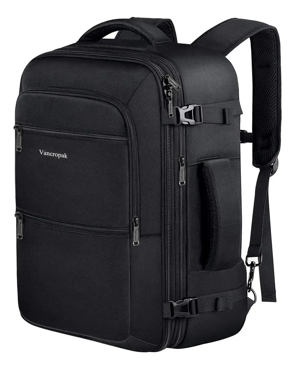 Mochila Masculina De Viagem Expansível 40l Grande Antifurto Impermeável, Mochila Reforçada Item Pessoal De 10 Kg Aprovado Para Aviões, Vancropak 1214 Cor Preta Preto Liso