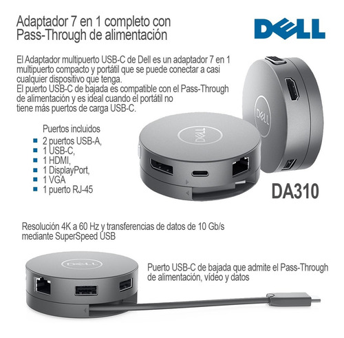 Imagen 3 de 6 de Dock Universal Dell Da310 Usb-c 7 En 1 Power Pass Throw
