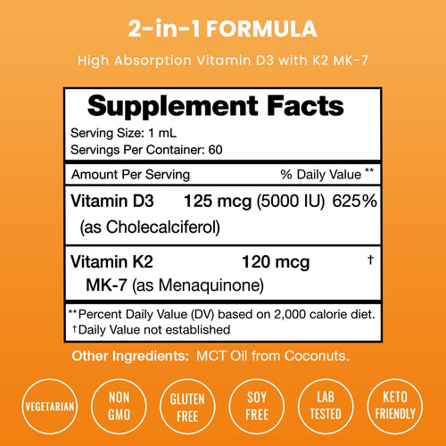 Nutrachamps Gotas Líquidas Vitamina D3 K2 5000 Ui 2 Oz
