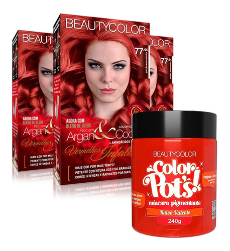 3x Coloração Beauty Color Kit 77.44 + Pots Ruivo Valente