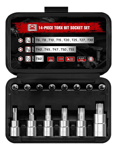 Torx Bit Socket Set, Star T6 - T60 Conjunto De 14 Piezas, 1/