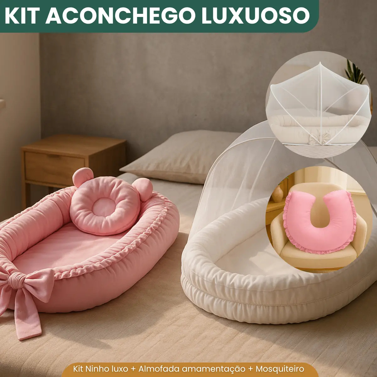Kit Ninho Redutor de Berço EVF Rosa Claro com Almofada Amamentação e Mosquiteiro