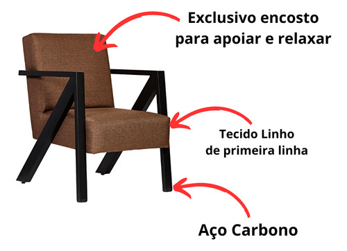 Poltrona Texas 1 Lugar Linho Chocolate Base De Aço Preto Fos Chocolate