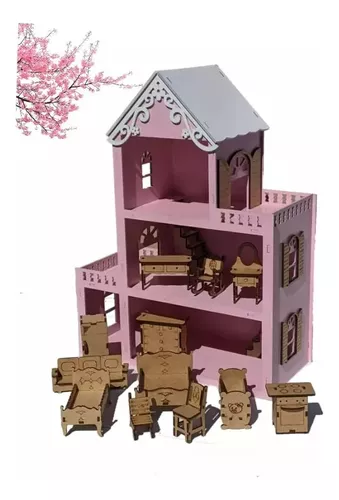 Casa Casinha de Boneca Rosa Branco Mdf + Mini Móveis Montados em