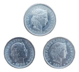 Lote 3 Moedas 20 Rappen Franco Suiço 1970,1991 E 1993 (Usado)