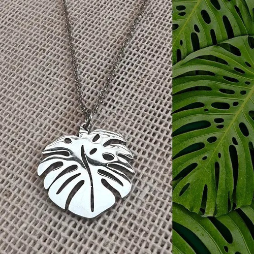 Imagen 3 de 6 de Dije Hoja Monstera Elegante De Acero Con Cadena