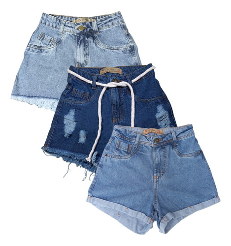 Short Jeans Feminino Cintura Alta Destroyed Kit C/3 