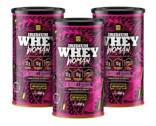 Kit 3x Whey Protein Woman Body Collagen 450g - Iridium Labs Sabor Milk Shake Chocolate