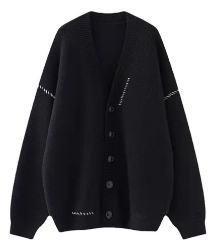 Chaqueta Tipo Jersey Negro Para Mujer Con Cuello En V Y Boto